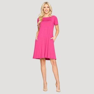 Fuchsia Short Sleeve A-Line Dress With Pockets